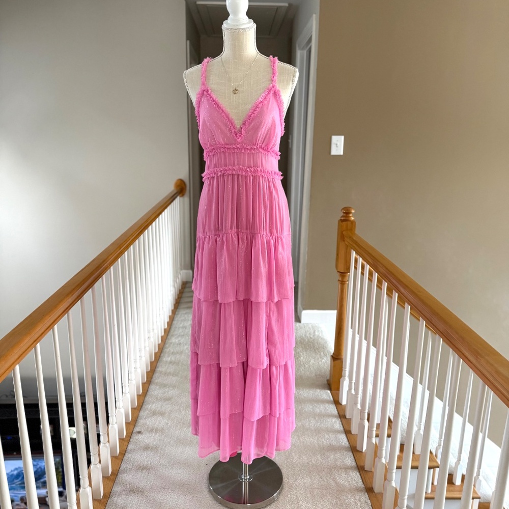 LIKELY Athena Maxi Dress in Pink Sugar Raw-Cut Ruffle Trim‎ Size 4